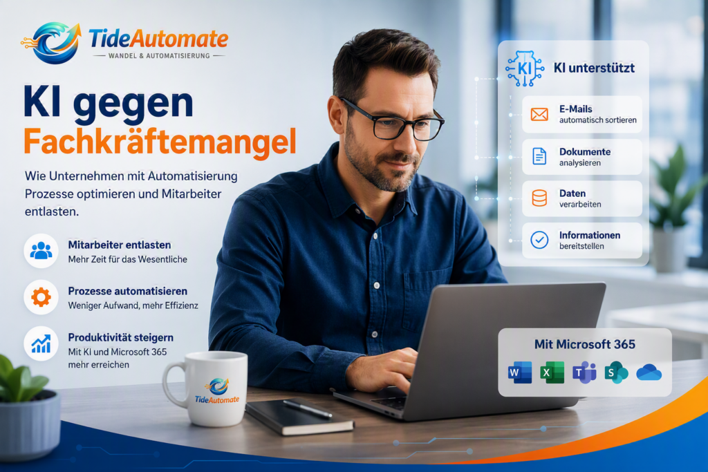 KI gegen Fachkräftemangel: Mitarbeiter werden durch Automatisierung und Microsoft 365 bei täglichen Aufgaben entlastet.